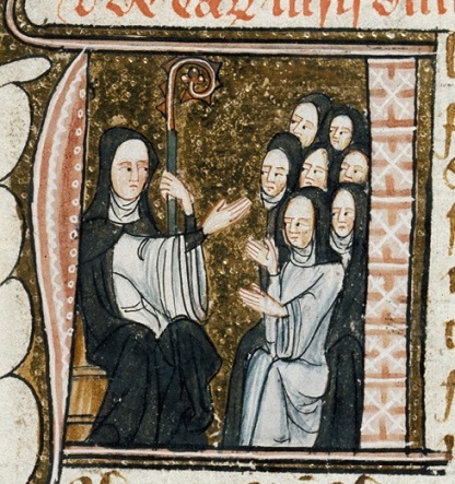An abbess and her nuns, BL Royal MS 6 E VI f.27