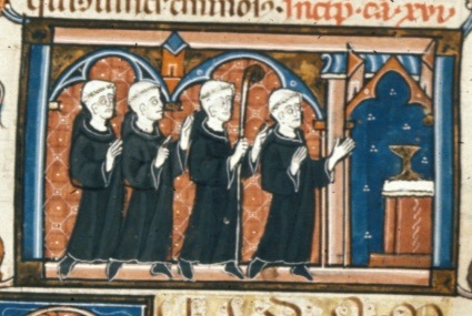 Miniature of abbot and monks, BL Royal MS 10 D VIII f.180v