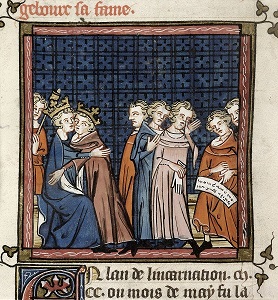 An image showing King John and Philip Augustus making peace, from BL Royal MS 16 G VI f.362