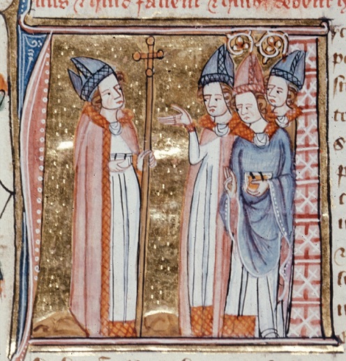 Miniature of archbishop and bishops, BL Royal MS 6 E VI f.145