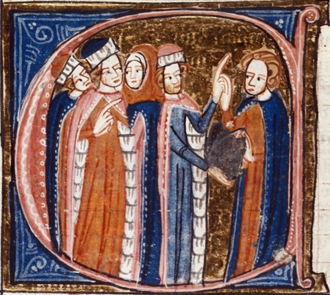 Detail of canons electing a bishop by giving him a mitre, from James le Palmer Omne Bonum (c.1360-1375) 