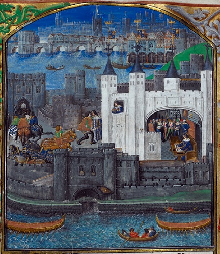 Miniature showing Tower of London, from BL Royal MS 16 F II f.74 